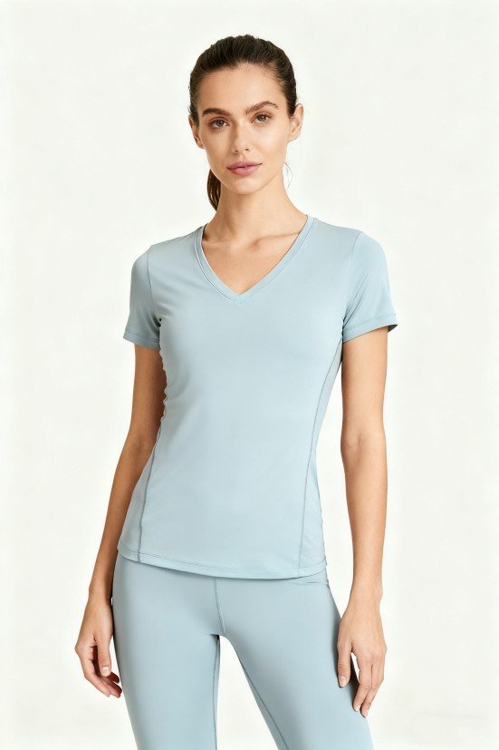 Women's Light Blue V-Neck Short-Sleeve Athletic Top – Breathable Yoga Running Workout Shirt