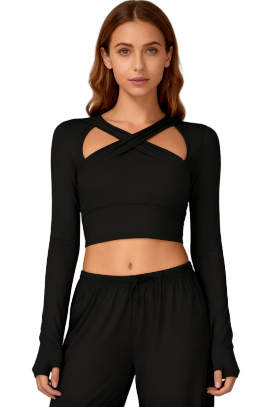 Black Cross Cutout Long Sleeve Cropped Yoga Top