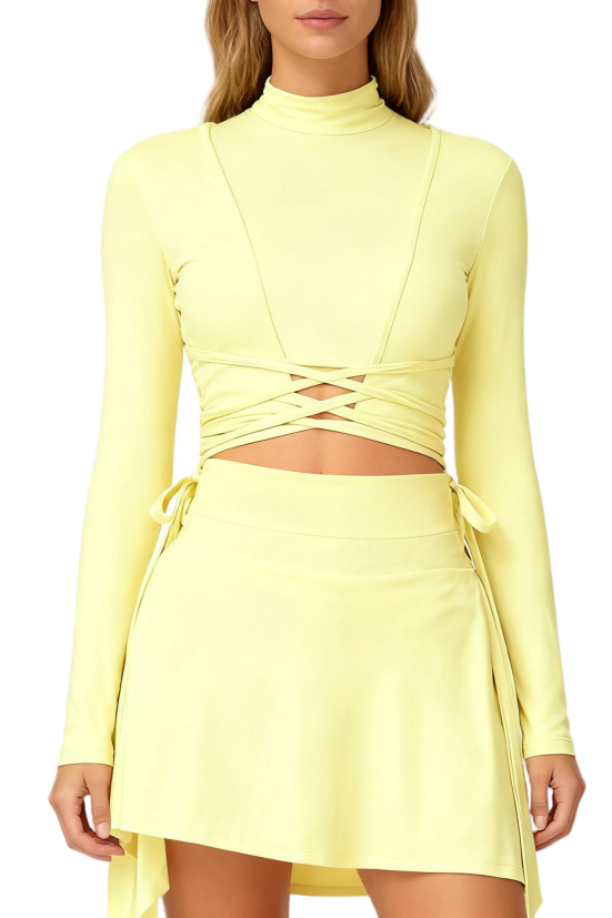 High Neck Long Sleeve Cross-Strap Yoga Crop Top