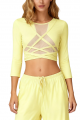 Three-Quarter Sleeve Mesh Panel Cross-Strap Yoga Crop Top