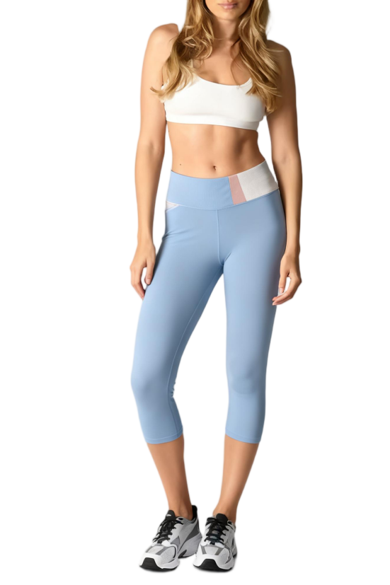 Light Blue High-Waist Capri Yoga Leggings with Color-Block Waistband