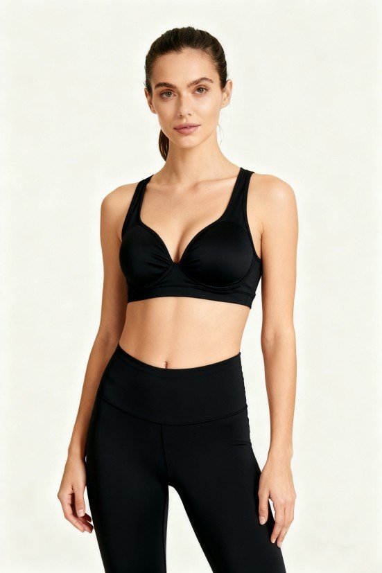 Women's Black Deep V Sports Bra – Supportive Yoga Gym Workout Crop Top