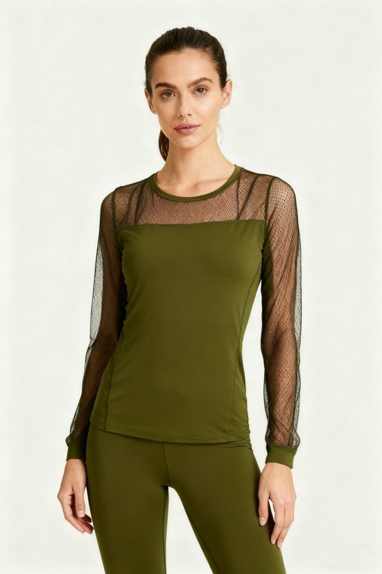Women's Olive Green Mesh-Sleeve Long-Sleeve Top – Stylish Gym Yoga Workout Shirt
