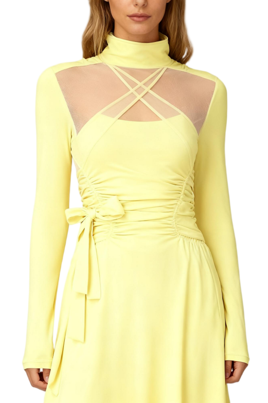 High Neck Long Sleeve Mesh Panel Ruched Waist Yoga Top