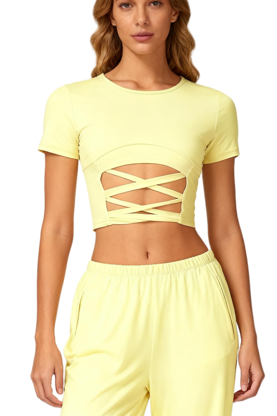 Lemon Yellow Short Sleeve Cutout Yoga Crop Top
