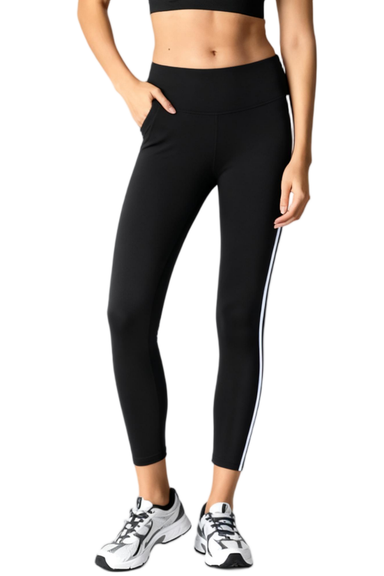 Black High-Waist Yoga Leggings with Side Stripe
