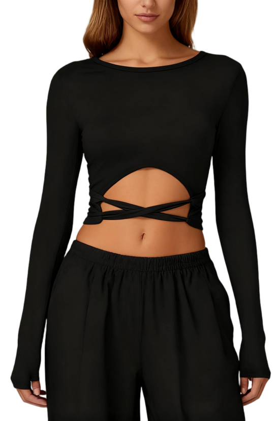 Black Round Neck Long Sleeve Cross Strapped Yoga Top